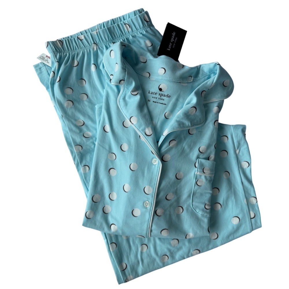 NWT KATE SPADE Aqua Dot Pajama Set, Turquoise Polka Dot, Stretch Knit, Size XL